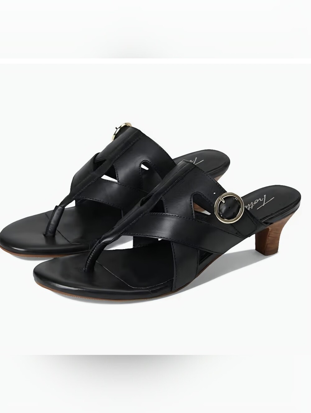 Trotters Black Leather Crisscross Thong Sandals with Buckle Heel